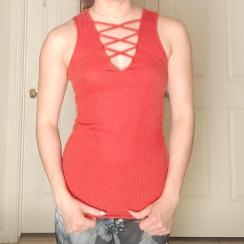 NWOT Sexy Deep V Neck Lace Up Corset Racerback Muscle Tee